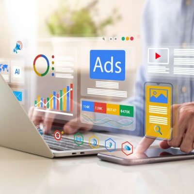 Digital marketing concept, Businessman using laptop with Ads dashboard digital marketing strategy analysis for branding. online advertisement, ad on website and social media. SEO. SMM.